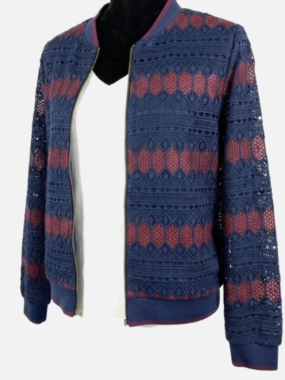 Trina Turk Lace Bomber Jacket Navy & Burgundy Mediu